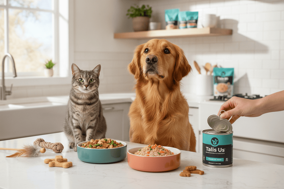 Cat and dog waiting for talis us wet food with treats and toys in a bright kitchen