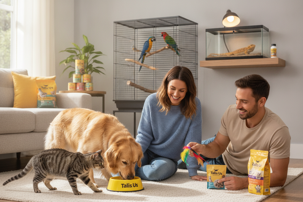 Pet owners enjoying talis us pet food and treats with their dog, cat, birds, and reptile in a cozy home