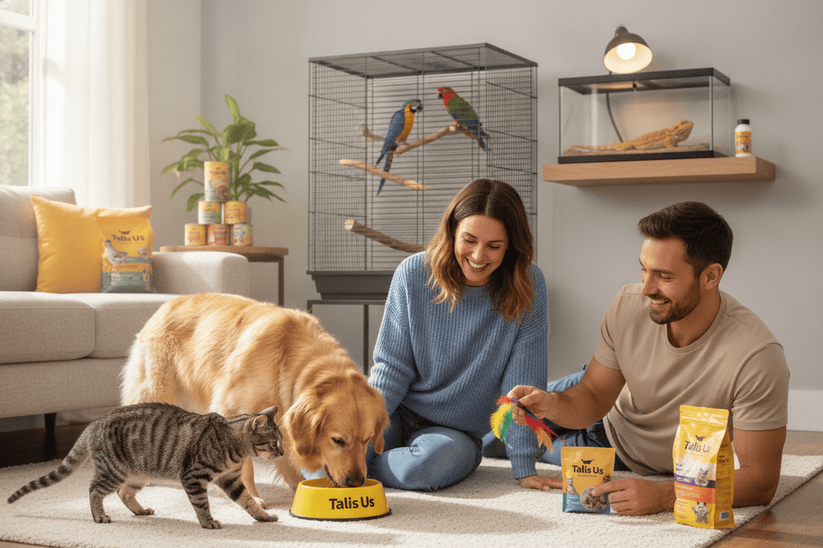Pet owners enjoying talis us pet food and treats with their dog, cat, birds, and reptile in a cozy home