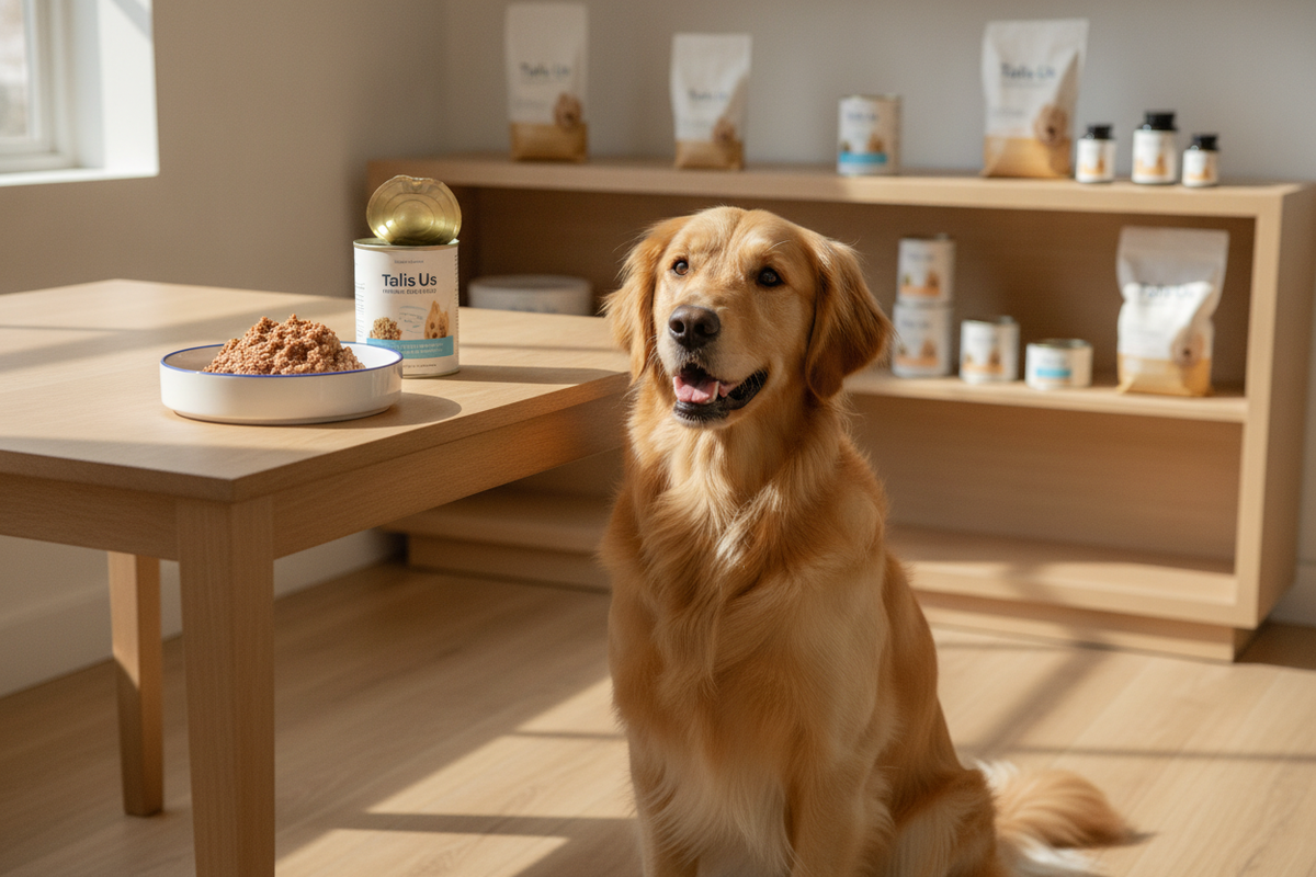 Happy dog enjoying Talis Us wet dog food in a modern pet-friendly home setting