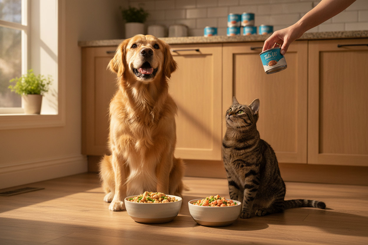 Happy dog and cat enjoying Tails US wet food for pets in a sunlit kitchen setting