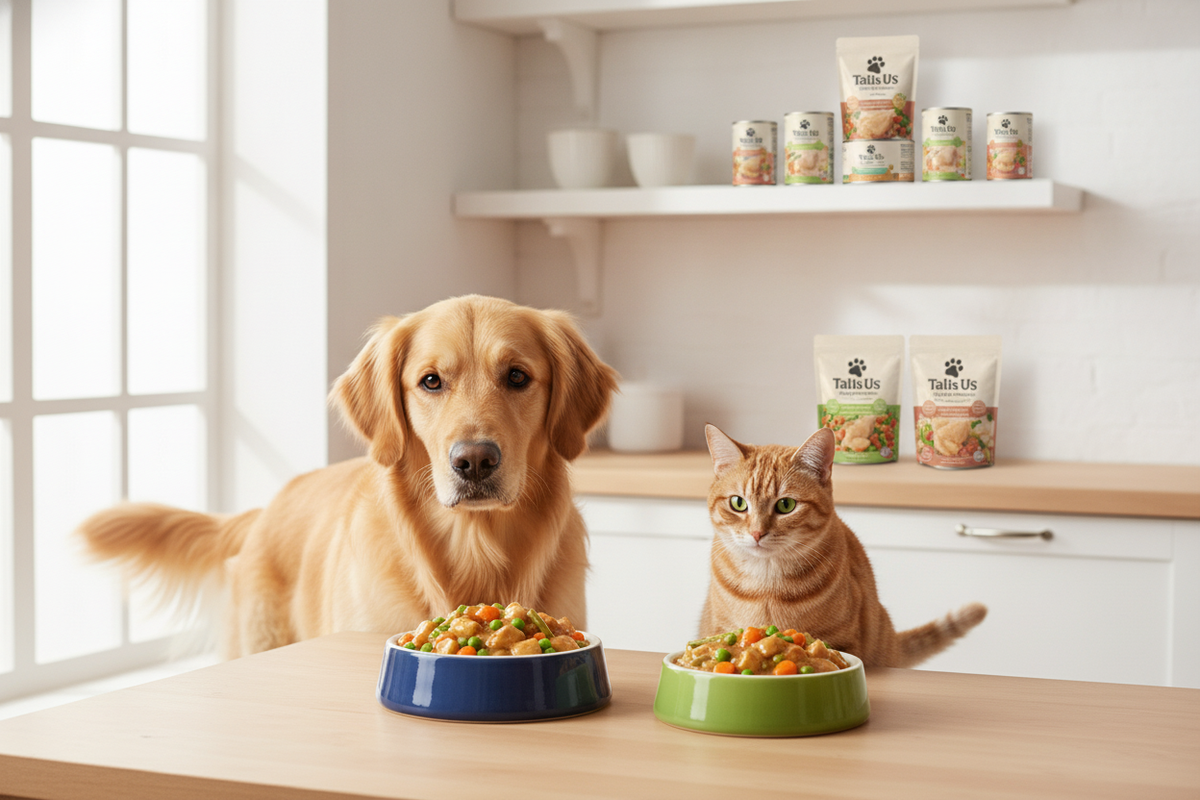 Dog and cat enjoying nutritious Tails Us wet food with Tails Us pet products on kitchen shelves