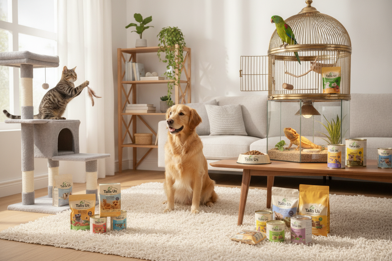 Tails Us pet products for dogs, cats, birds, and reptiles displayed in a cozy living room setting