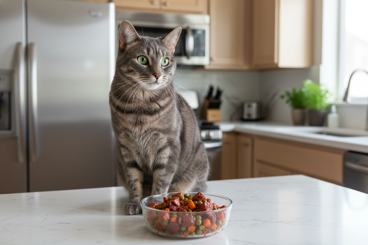 Healthy cat enjoying a bowl of fresh food highlighting grain-free cat food benefits for pet wellness