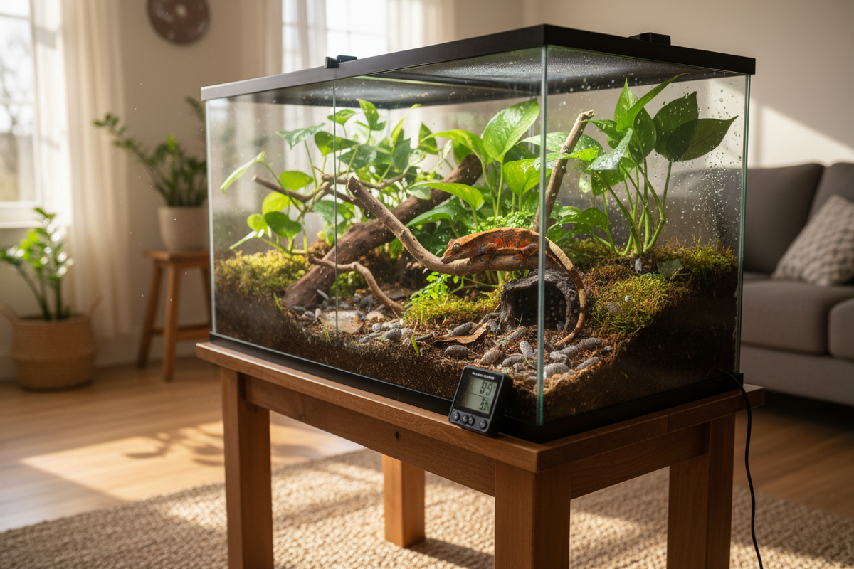 Lush reptile habitat with live plants and branches for a bioactive vivarium maintenance guide at home