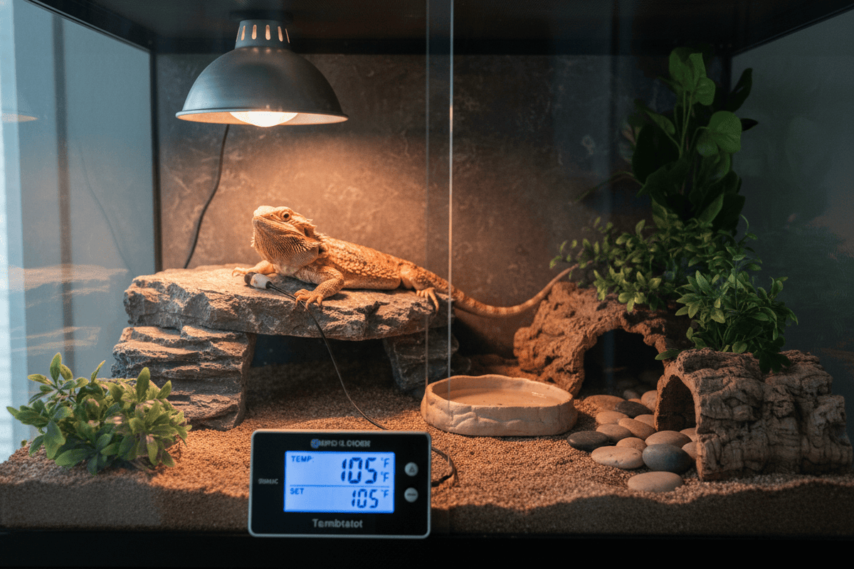 Reptile thermostat setup in a bearded dragon enclosure showing proper heat lamp placement and temperature control