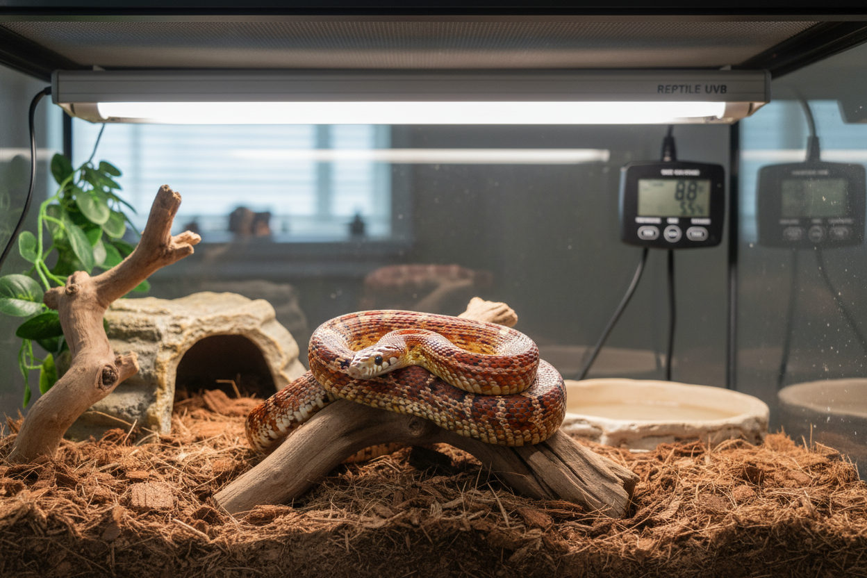 Corn snake basking under reptile UVB lighting in a naturalistic terrarium setup for healthy care