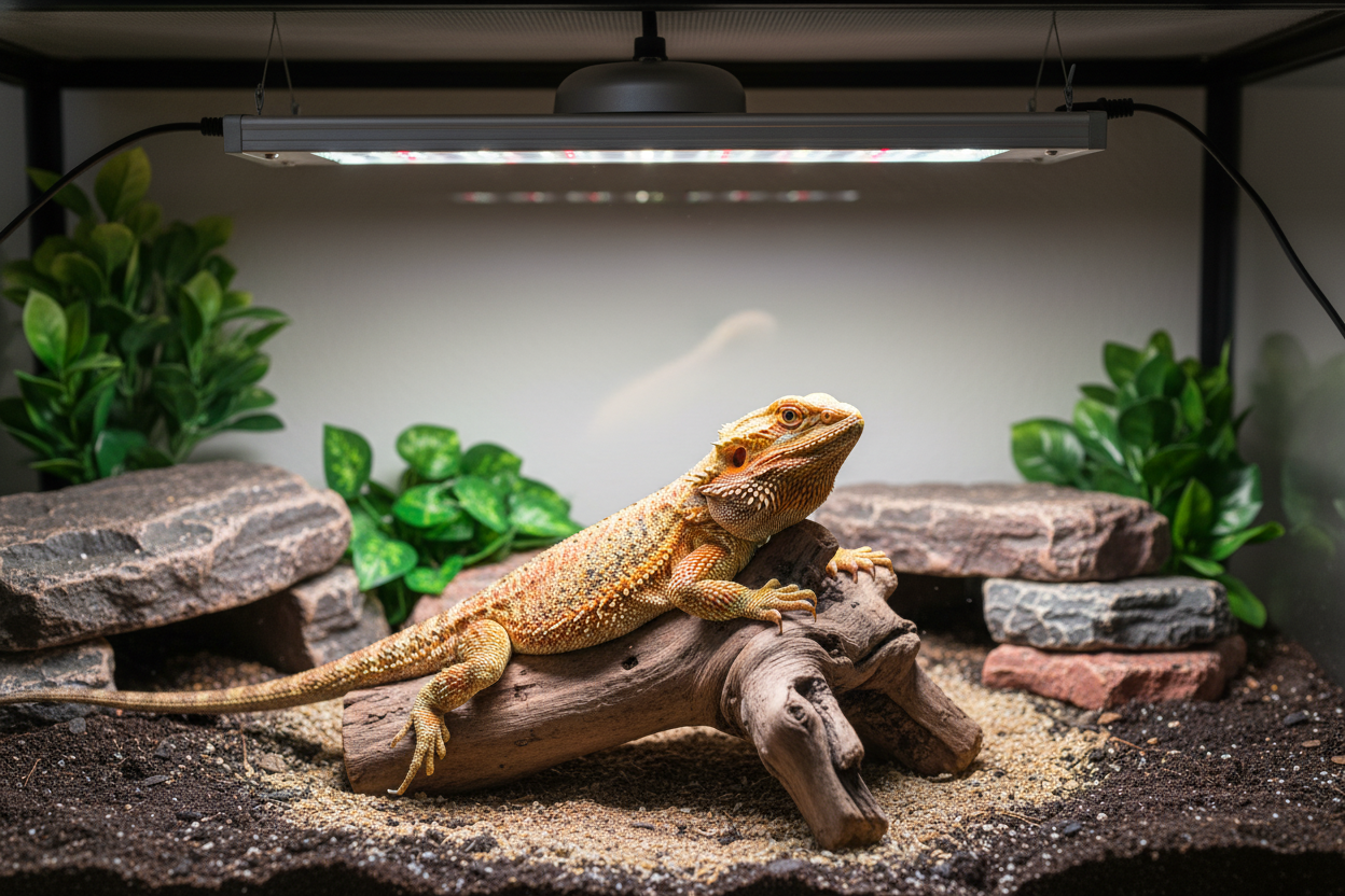 Bearded dragon basking under UVB lamp highlights essential tips in the reptile uvb lighting guide