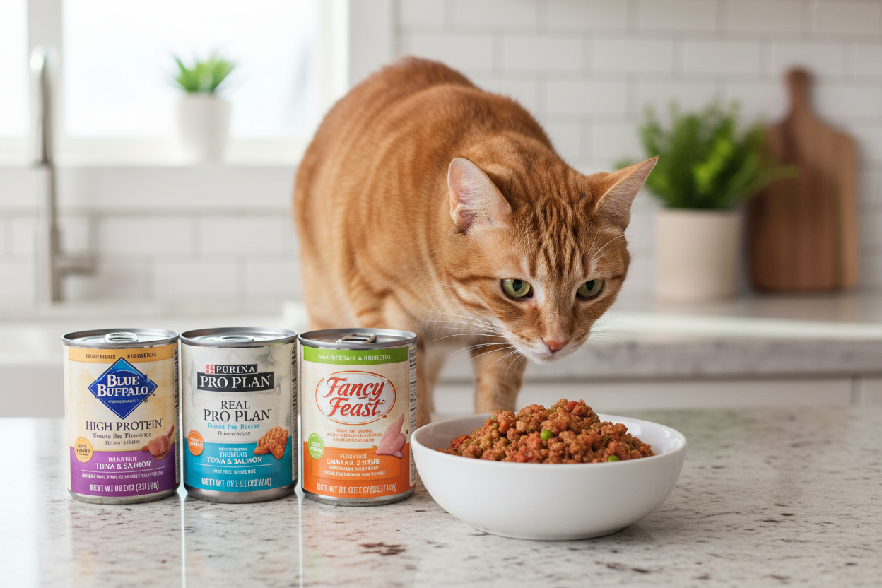 Curious orange cat sampling best wet cat food brands with popular canned options on a kitchen counter