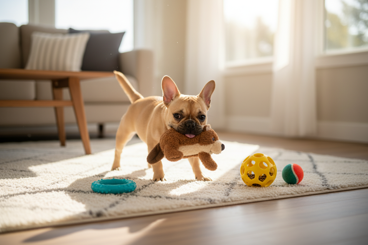 Playful puppy enjoying the best dog toys for small breeds in a cozy living room setting