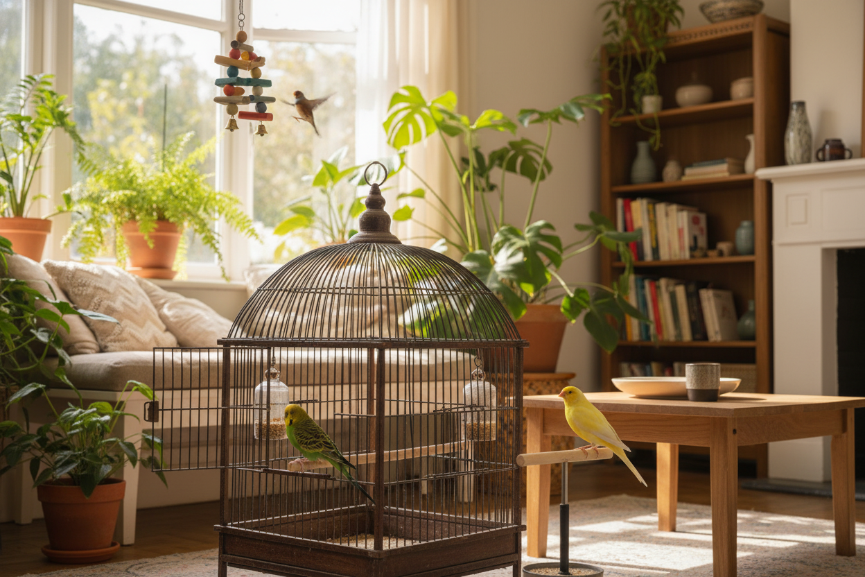 Free bird enjoying a sunlit living room with a large bird cage and playful pet toys