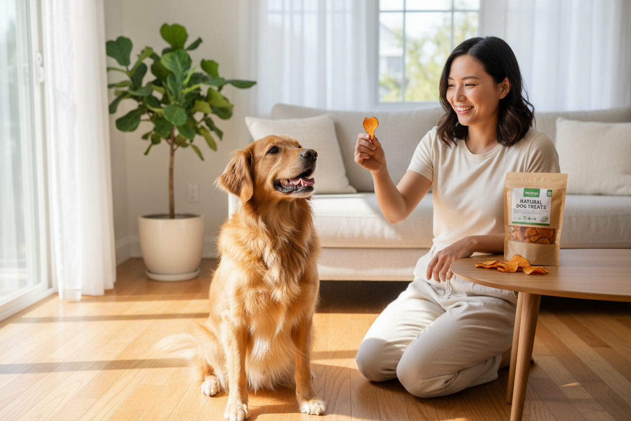 Woman training her dog at home using natural dog treats for training rewards and positive reinforcement