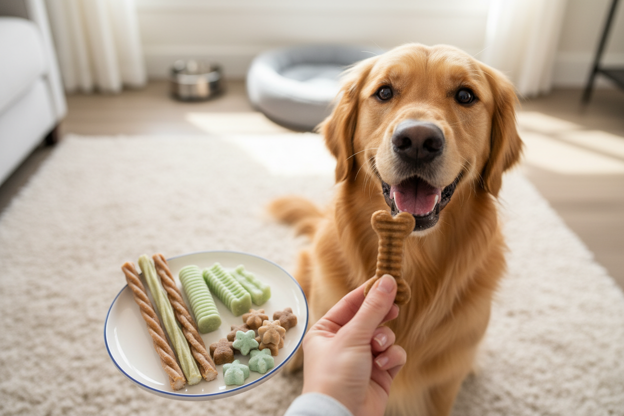 Golden retriever waiting for best dog treats for dental health to support a clean, happy smile