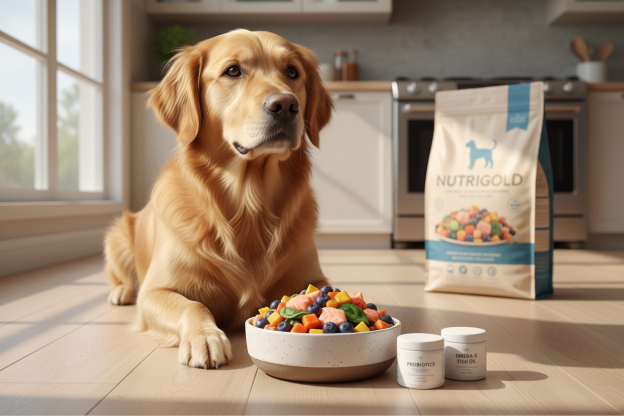 Golden retriever enjoying premium dog food ingredients with fresh fruits, veggies, and supplements for optimal health