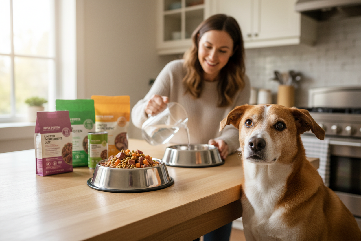 Dog enjoying sensitive dog food options with wholesome ingredients for gentle digestion and happy mealtimes