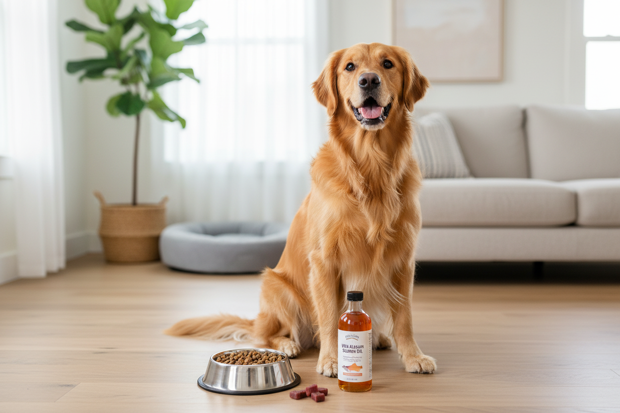 Happy dog with food bowl and salmon oil highlighting omega-3 benefits for dogs’ health and wellness