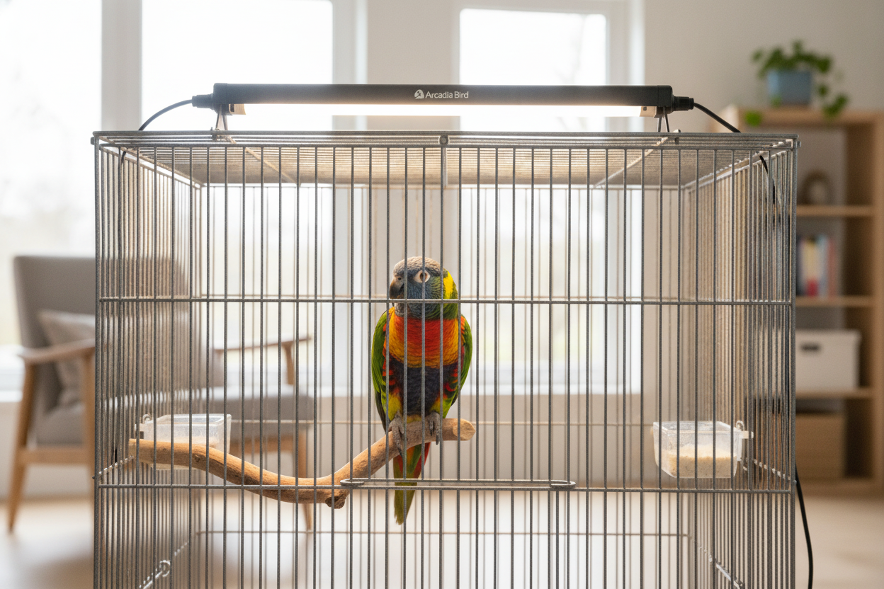 Colorful parrot in a large cage under UVB bird bulb benefits for healthier feathers and well-being