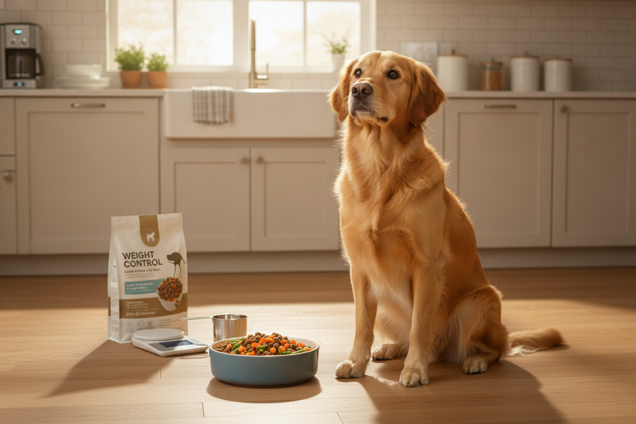 Golden retriever with a bowl of weight control dog food in a bright kitchen promoting healthy feeding choices