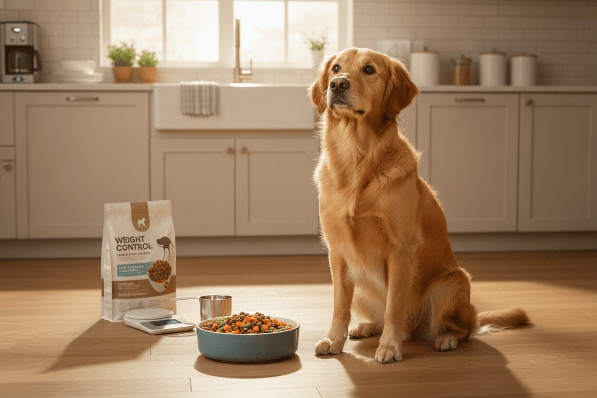 Golden retriever with a bowl of weight control dog food in a bright kitchen promoting healthy feeding choices