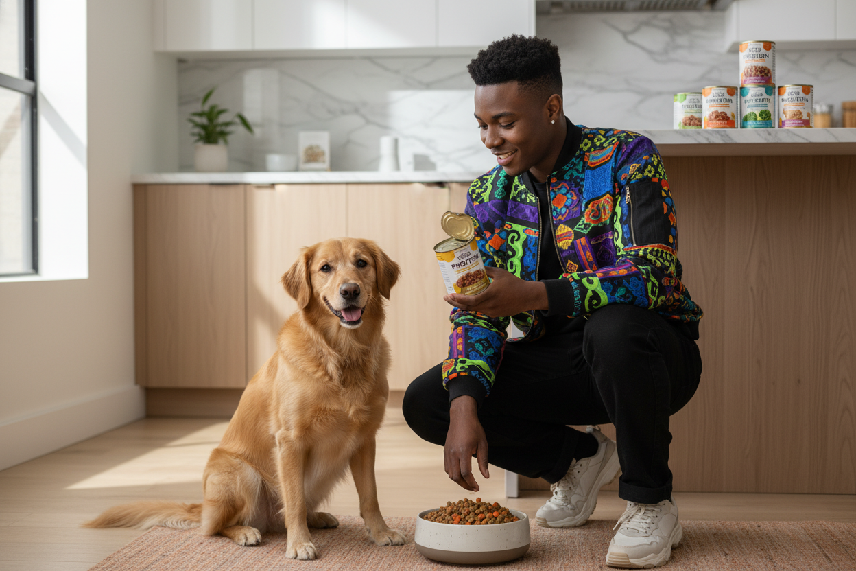 Man in colorful jacket feeding dog premium wet dog food, inspired by Lil Nas X pet care trends