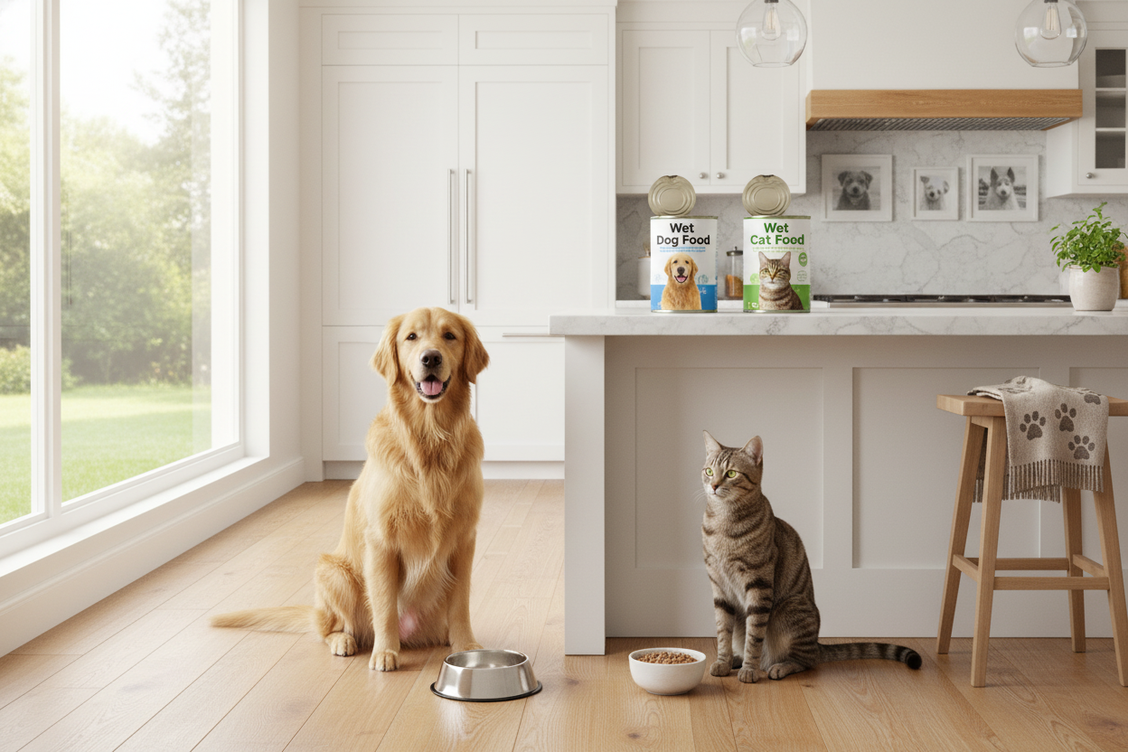 Golden retriever and tabby cat waiting for wet dog food and wet cat food inspired by Lil Nas X