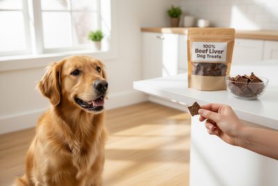 Golden retriever eagerly waiting for beef liver dog treats in a bright kitchen setting