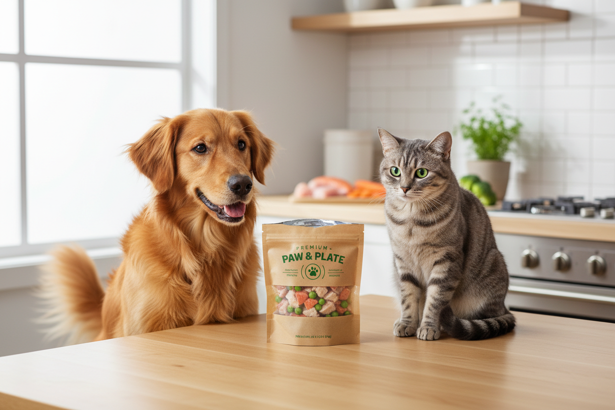 Dog and cat sitting beside a bag of freeze-dried pet treats for healthy snacking options