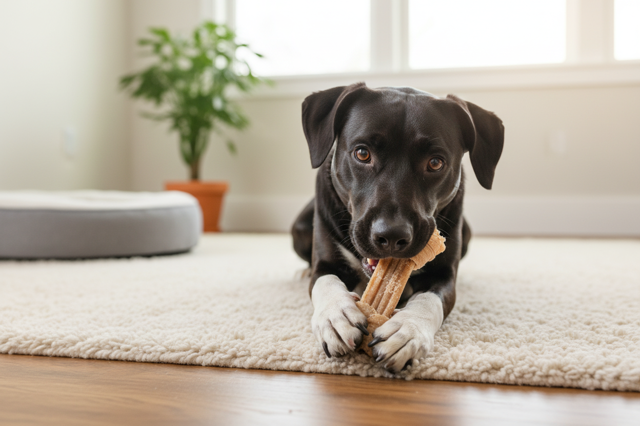 Happy dog enjoying natural dog chew treats on a cozy rug for healthy and satisfying chewing