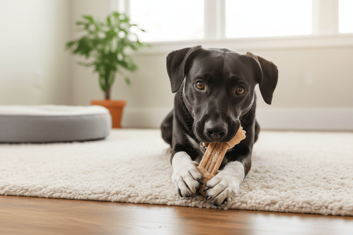 Happy dog enjoying natural dog chew treats on a cozy rug for healthy and satisfying chewing