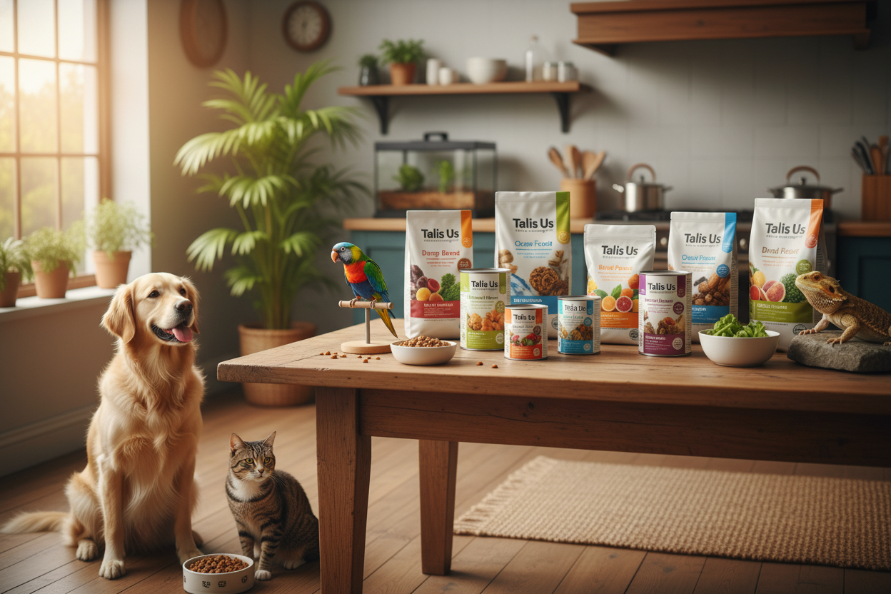 Talis Us pet food and treats for dogs, cats, birds, and reptiles displayed in a cozy home setting