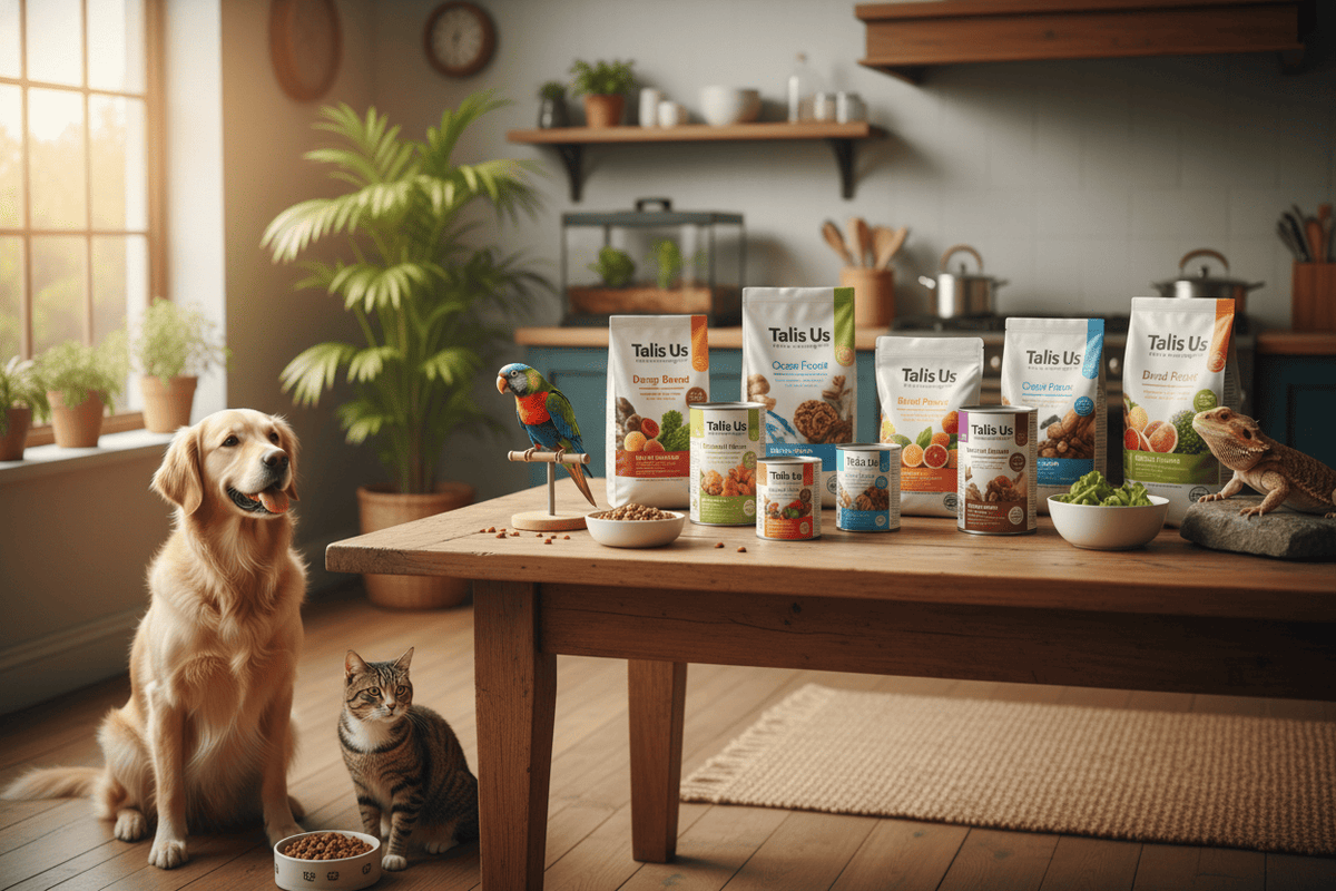 Talis Us pet food and treats for dogs, cats, birds, and reptiles displayed in a cozy home setting