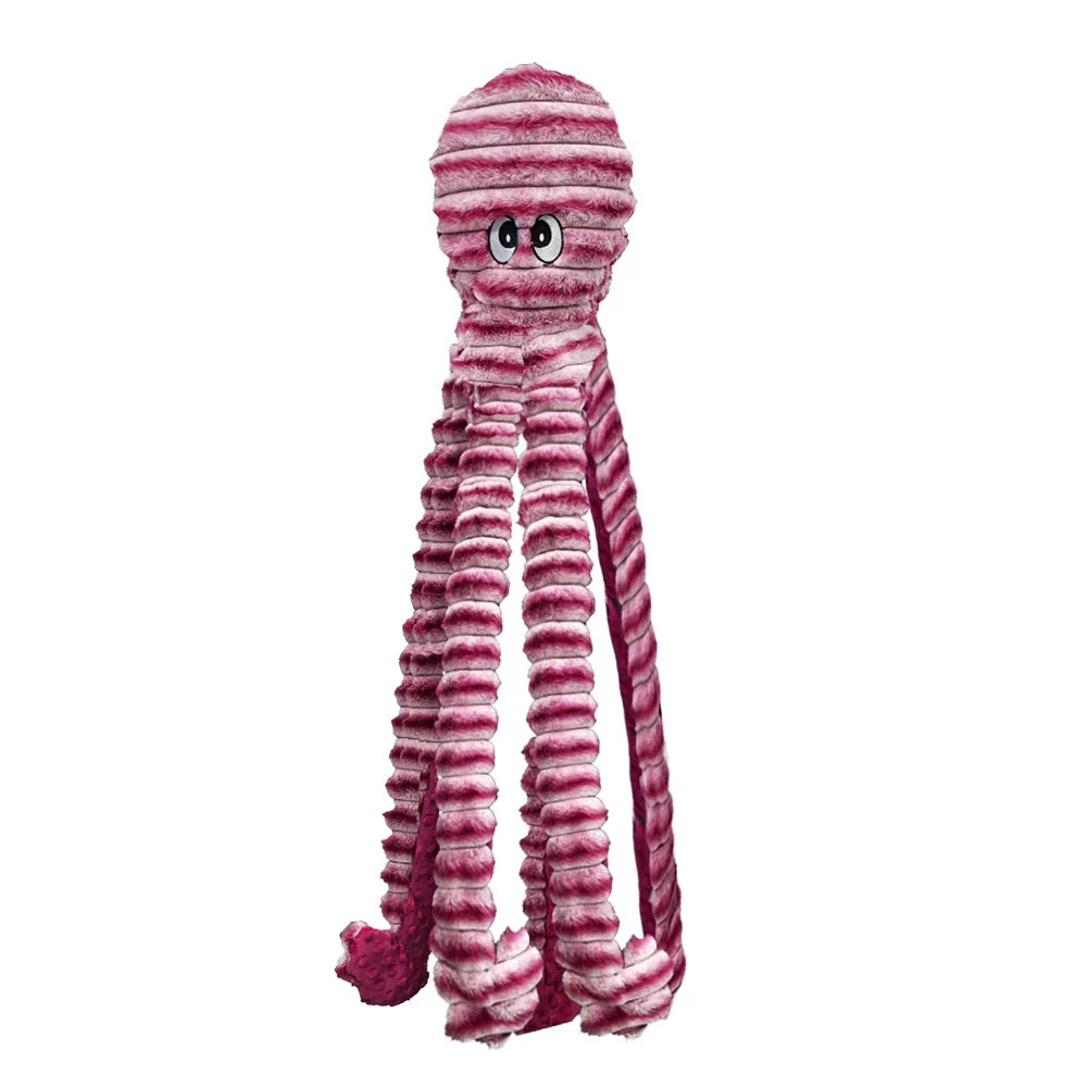 Plush octopus dog toy with pink stripes and long textured legs on white background