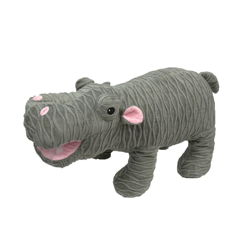 Plush hippo dog toy in gray with pink ears, textured fur, and soft chewable design