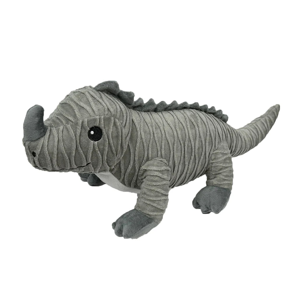 Gray plush dinosaur dog toy with textured fabric and embroidered features