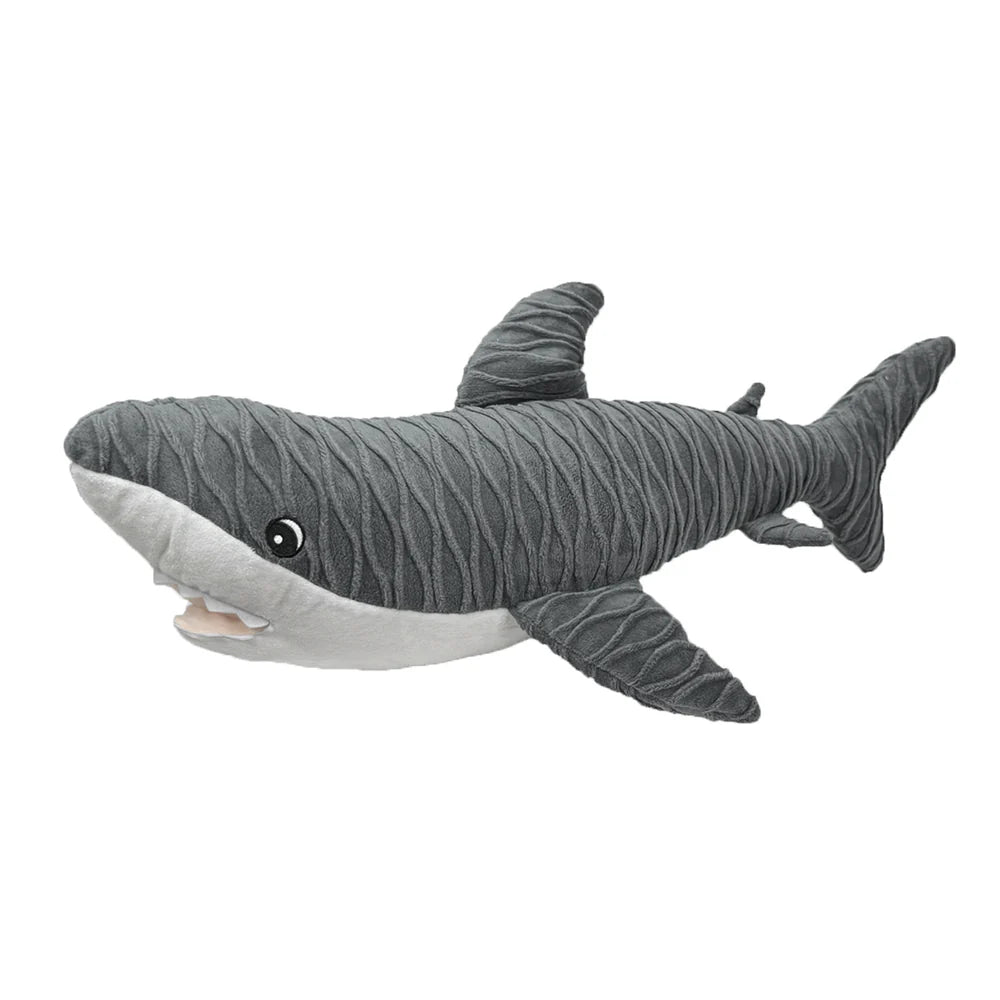 gray shark plush toy for pets with textured fabric and friendly expression