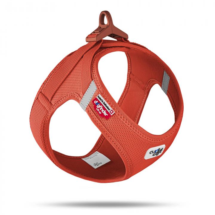 Orange air-mesh vest dog harness with reflective strips and a top clasp for small to medium dogs.