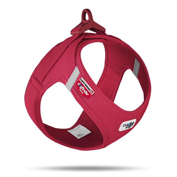 Red air-mesh dog harness vest with reflective strips and a quick-release clasp for small dogs.