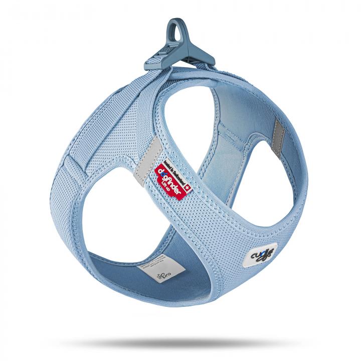Light blue air-mesh vest dog harness with a top clasp, reflective strips, and red brand label.