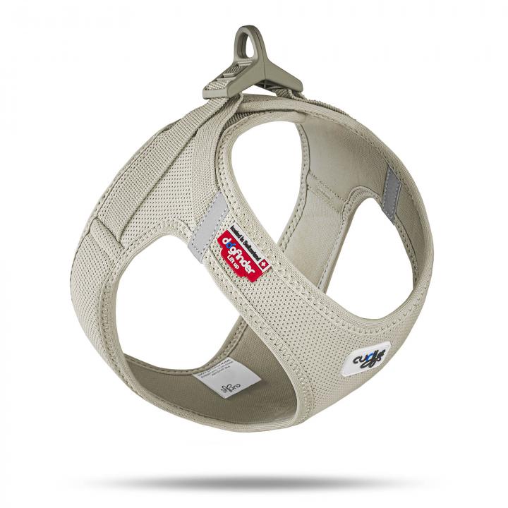 Light tan air-mesh vest dog harness for small and medium dogs with a top leash attachment clasp.