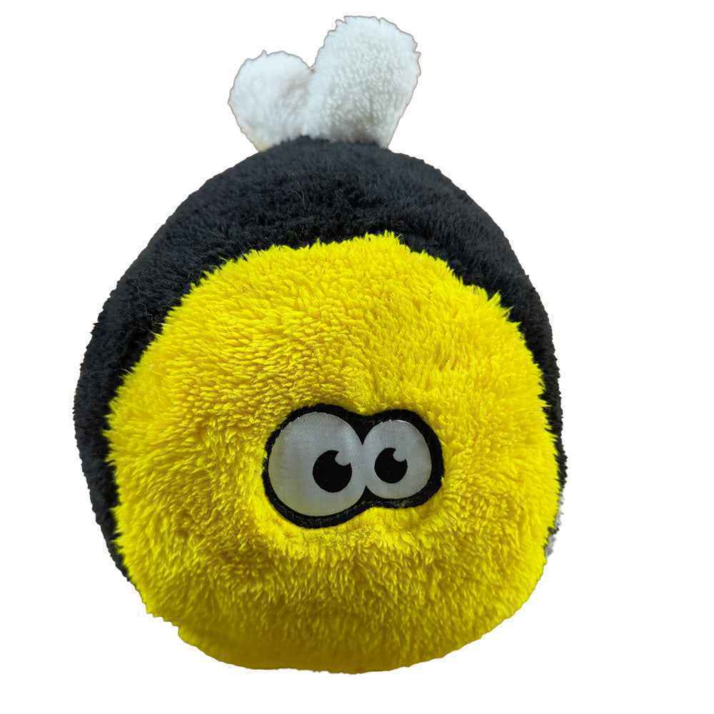 Cycle Dog Duraplush Bumble Bee Fuzzball dog toy with yellow and black plush fur and white wings.