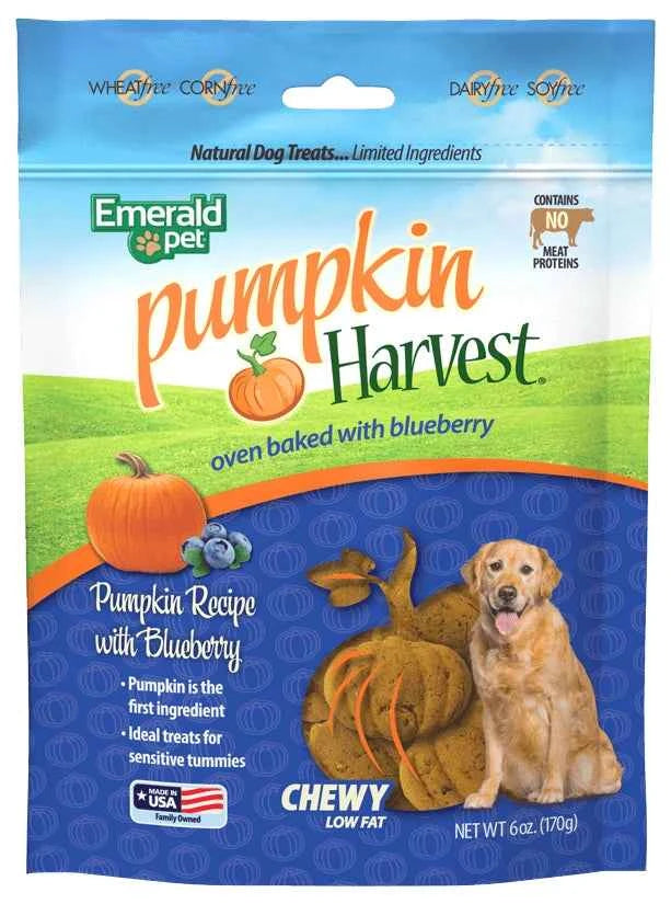 A 6-ounce bag of Emerald Pet Pumpkin Harvest oven-baked chewy dog treats with blueberry.
