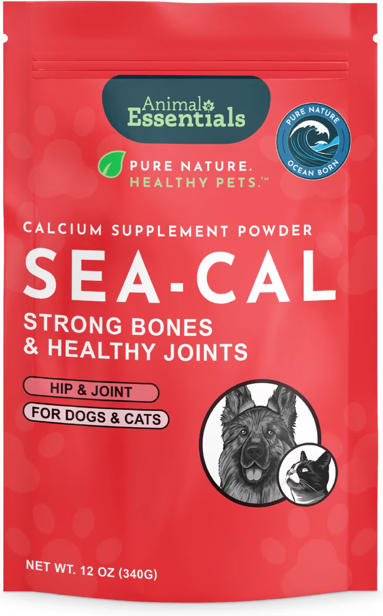 Pet calcium supplement by Animal Essentials with graphics of dog and cat on a red package.

