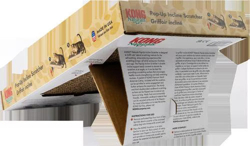 Kong Naturals Pop-Up Incline Scratcher cardboard packaging with assembly instructions and cat icons.