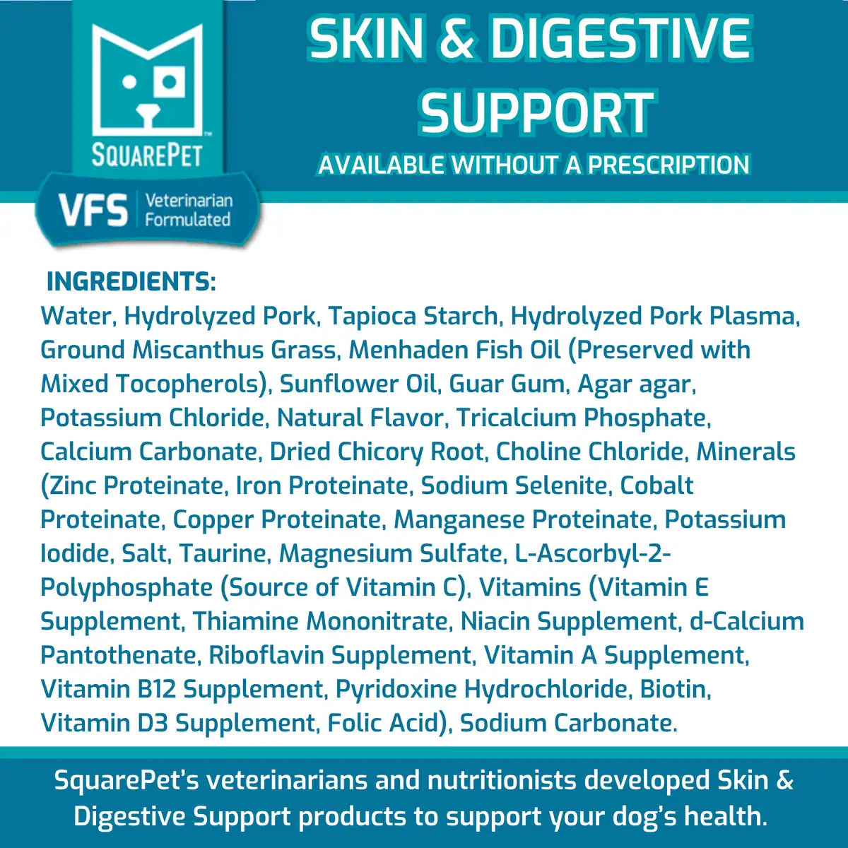 Packaging of SquarePet VFS Hydrolyzed Skin & Digestive Support Wet Dog Food with product benefits for dogs' health and nutrition