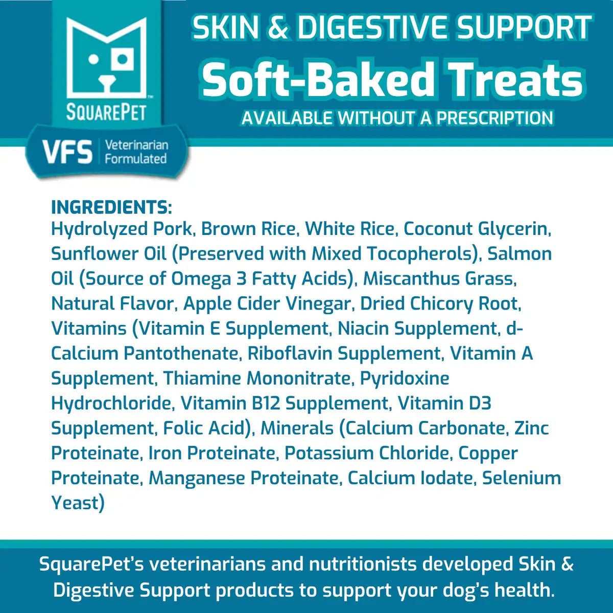 Back of SquarePet dog treat package showing ingredients list including hydrolyzed pork, rice, salmon oil, and vitamins, for skin and digestion support