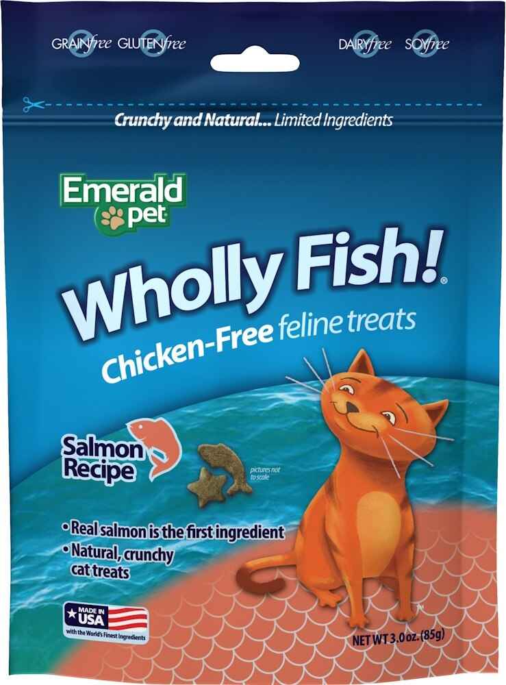 A bag of Emerald Pet Wholly Fish! Salmon Recipe chicken-free crunchy feline treats.