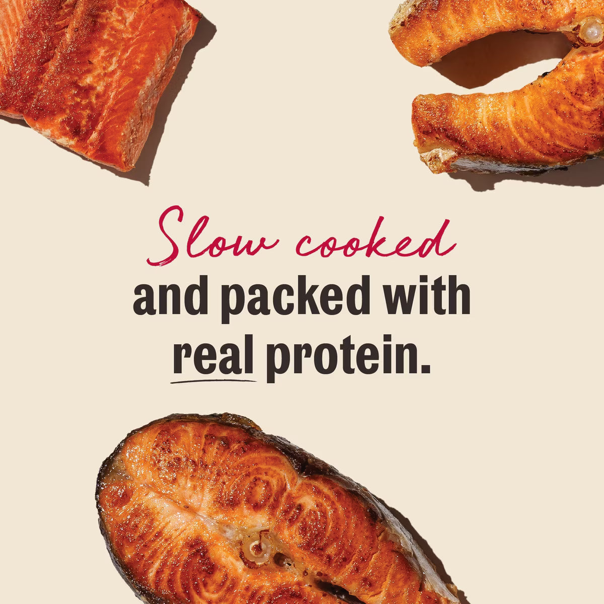 Slow cooked salmon jerky pieces with text: Slow cooked and packed with real protein.