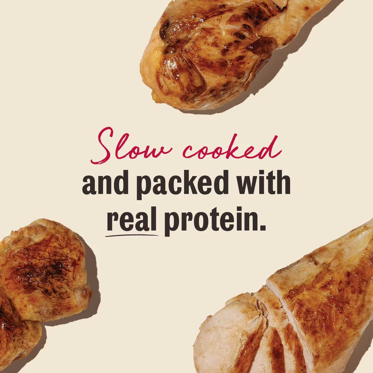 Slices of slow-cooked chicken jerky with text: Slow cooked and packed with real protein.