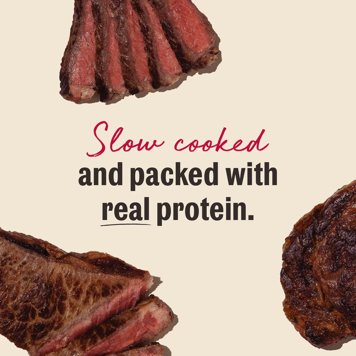Slices of slow-cooked beef jerky with text: Slow cooked and packed with real protein.