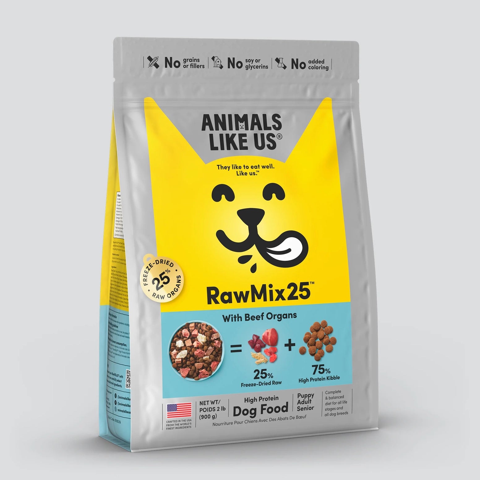 Resealable bag of freeze-dried dog food featuring beef organs with natural ingredients on light background
